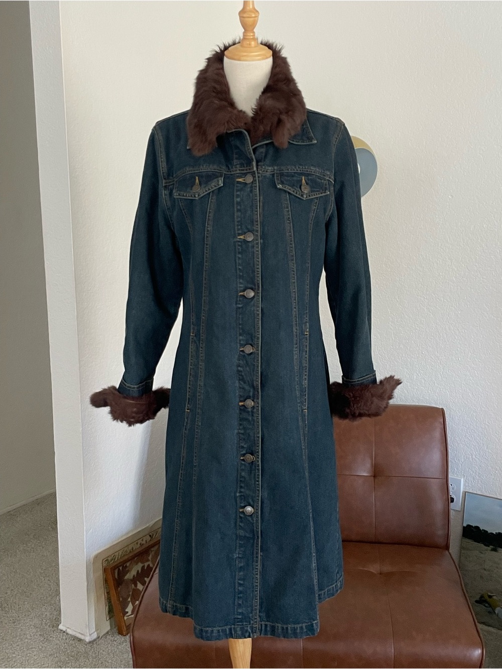 Vintage 1990s Y2K Marvin Richards Glam Rabbit Fur Denim Buttoned Coat